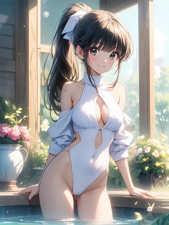 Best image quality, (ponytail)、((Fully naked body))、8K, high quality, masterpiece:1.2), ((masterpiece)), (High detail, high quality, Best image quality), Bokeh, Depth of written boundary, Portraiture, Open Stance, (Cute illustrations:1.2), Poolside, (さまざまな髪の色とponytailの複数の女の子:1.2), ((Three Girls)), Dawn, Beautiful light, Professional Lighting, (Mid-chest), ( Bright colors ), (Idol Master), Cute round face girl, sexy, Dynamic pose, An exciting mood, smile, Dynamic Angle, Underarm,topless, Crotch cutout, No crotch, No pants, Pussy, ,,( Big Breasts, (blush),((Open your feet wide)))