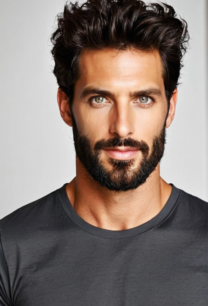 Male... dark gray eyes...  fit... tall... handsome... Mediterranean... stubble beard... medium large hair... T-shirt... Breakfast 