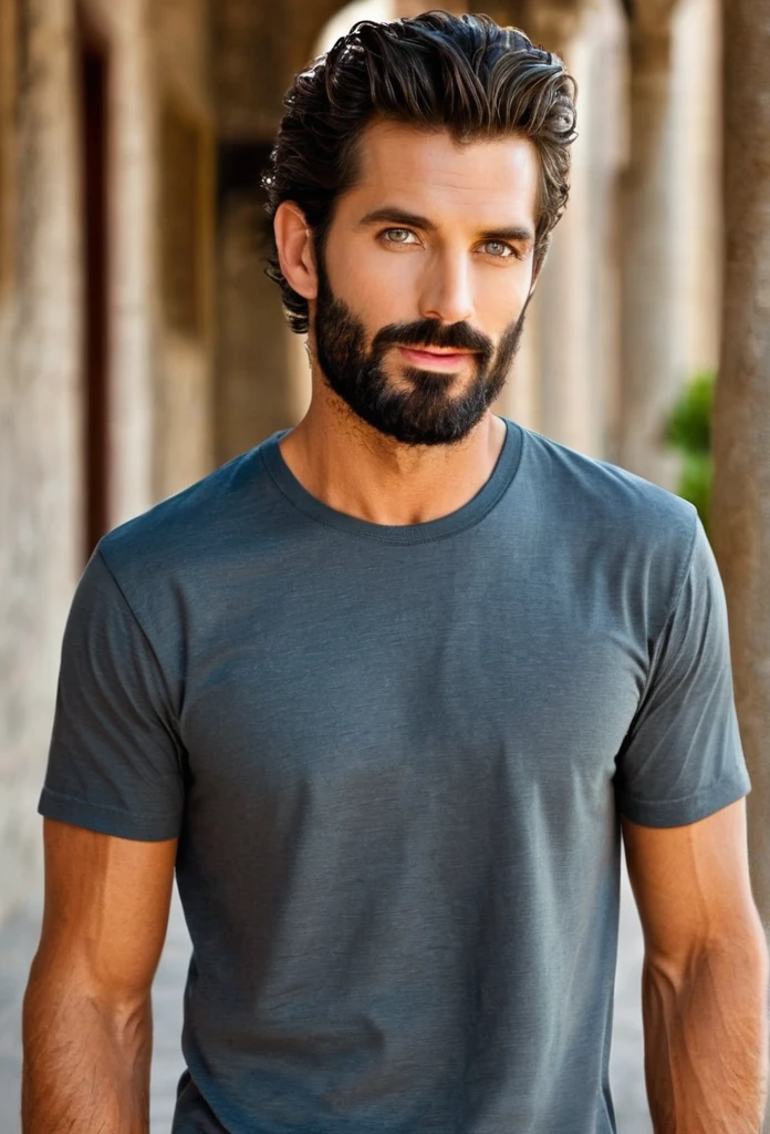 Male... dark gray eyes...  fit... tall... handsome... Mediterranean... stubble beard... medium large hair... T-shirt... Breakfast 