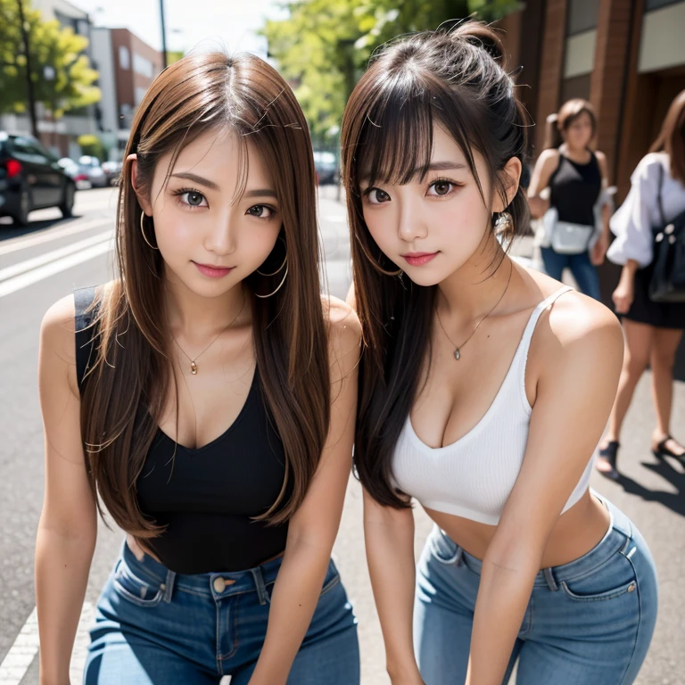 Tabletop, Two Girls、Highest quality, figure, Super detailed, In detail, High resolution, 8k wallpaper, Perfect dynamic composition, Beautiful attention to detail, Women's fashion,Natural color lip, Twin tails. Bold sexy pose,smile,Harajuku、、cute、sexy shot looking at camera,