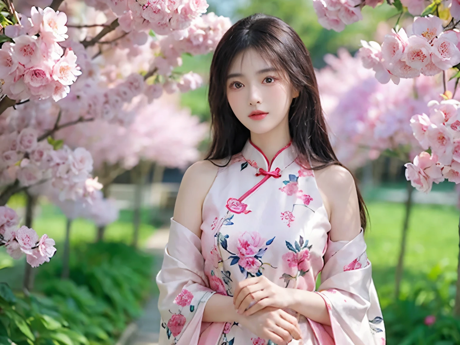 **English prompts**：

((masterpiece)), ((best quality)), 8K, high detailed, ultra-detailed,

A beautiful Chinese girl standing gracefully amidst a flurry of blooming flowers, her eyes shimmering with innocence and joy, her face adorned with a peachy blush, her long black hair gracefully flowing over her shoulders, dressed in a traditional Chinese dress with intricate patterns, surrounded by a vibrant array of flowers in various hues and shapes.

1girl, ((Chinese)), beautiful, standing, graceful, eyes, shimmering, innocence, joy, peachy blush, ((long black hair)), flowing, shoulders, traditional Chinese dress, intricate patterns, flowers, various hues, shapes, vibrant array

**Chinese explanation**：

This prompt describes a beautiful Chinese girl，She stood gracefully in a field of blooming flowers。Her eyes sparkled with innocence and joy，A light pink hue on the cheeks。Her long hair falls gracefully on her shoulders，Wearing a traditional Chinese dress with exquisite patterns。The flowers in the picture are of different colors，Various shapes，It forms a vivid picture。The entire work is of the highest quality、8K resolution and ultra-high detail presentation，Designed to capture the elegance and innocence of this beautiful girl。