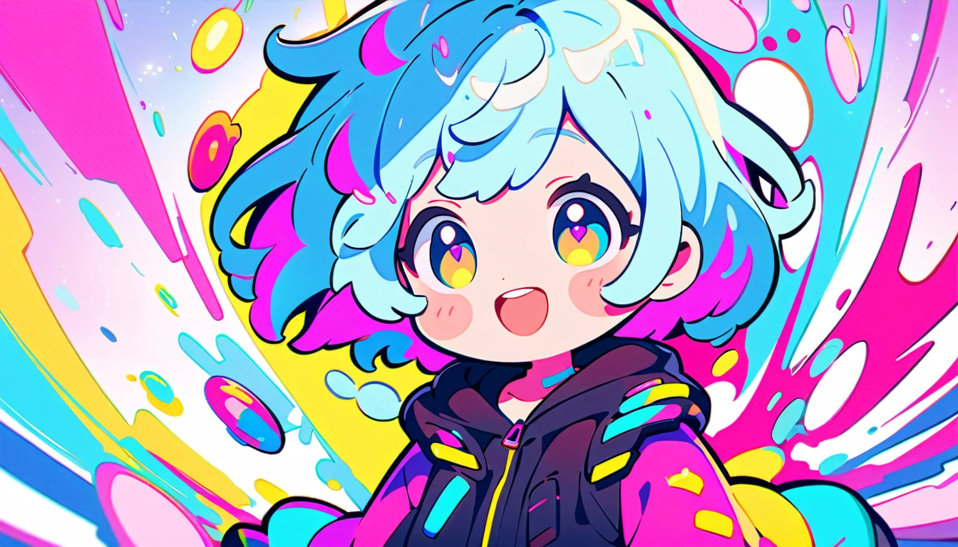 Vibrant art,pop、bright、colorful, 1 female, Light blue hair, short hair、Happy,cute, animation style, kawaii, clearly, colorful cyberpunk, bubblegum pop, cute、Pink and light blue as main colors、I'm cheering loudly、 Headphonesをしている、Headphoneusic、buzzer、buzzer, tropical,