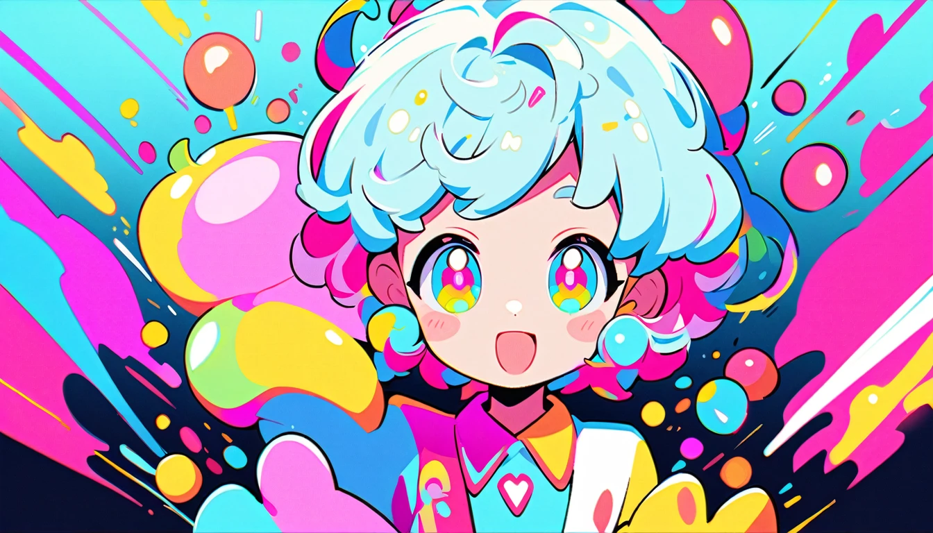 Vibrant art,pop、bright、colorful, 1 female, Light blue hair, short hair、Happy,cute, animation style, kawaii, clearly, colorful cyberpunk, bubblegum pop, cute、Pink and light blue as main colors、I'm cheering loudly、 Headphonesをしている、Headphoneusic、buzzer、buzzer, tropical,