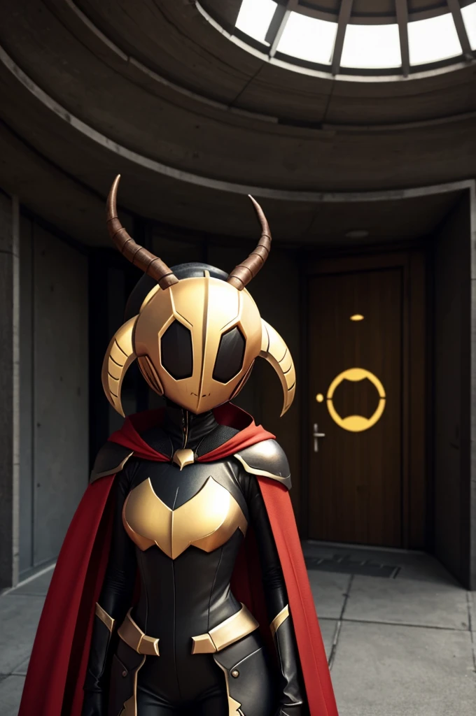 In comic style, creates Hornet from the video game Hollow Knight, make her have a speech bubble saying "10 years more" while in the background, she is inside a building. Make her identical to the one in the video game with her red cape and long horns with her smaller eyes.