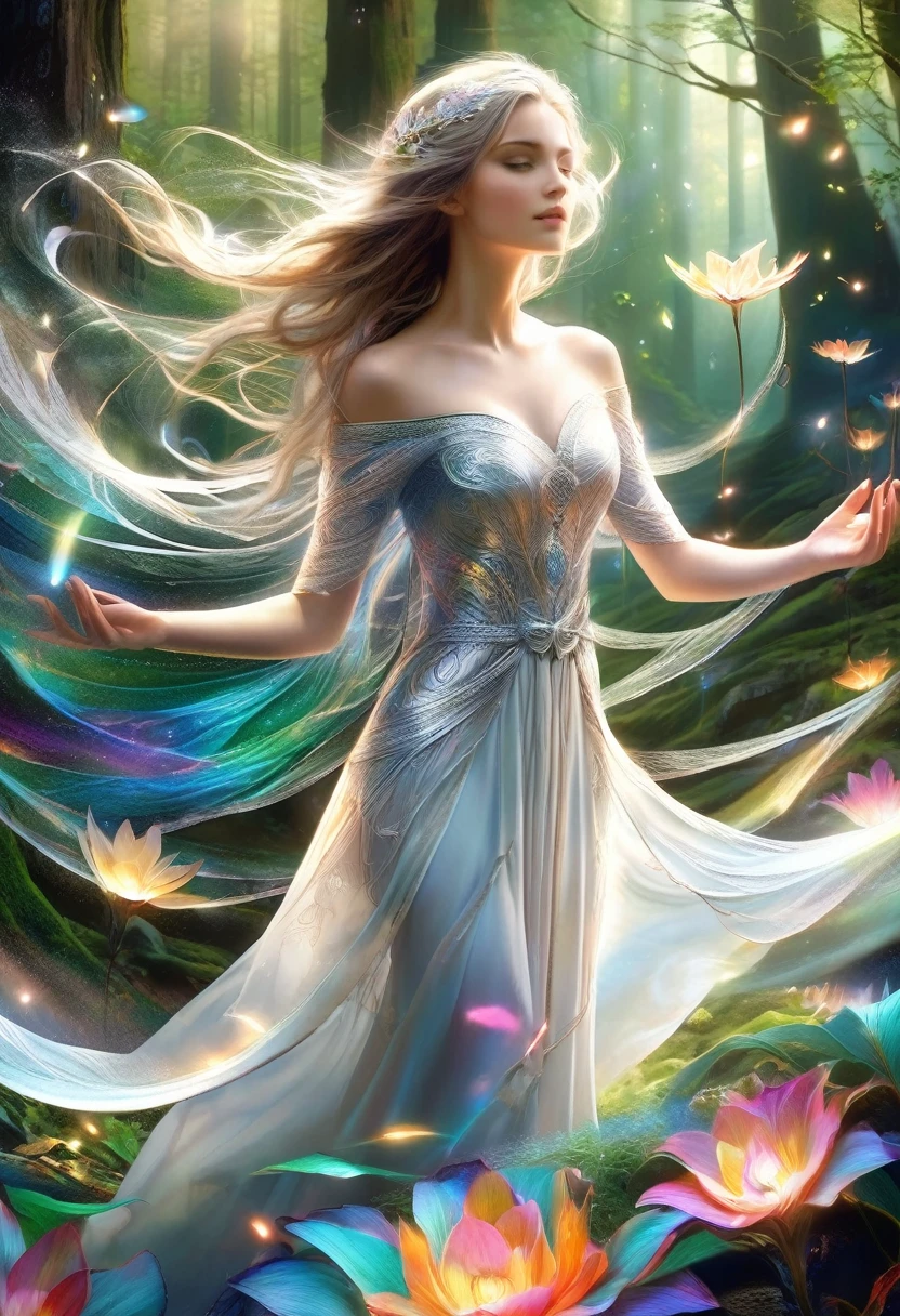 (best quality,4K,8K,high resolution,masterpiece:1.2), Extremely detailed, (Practical,photoPractical,photo-Practical:1.37), In the heart of the enchanted forest, Bathed in the soft moonlight filtering through the treetops, There stands a beautiful figure. She is an elf witch., Her long silver hair shimmers around her slender body.，Like silk woven from strands of moonlight. Her eyes, A mesmerizing rainbow mix, Shines with an otherworldly light, Reflecting the colorful colors of the surrounding forest. They are windows to the soul，As old as the trees, Full of wisdom and mystery beyond her years. Wearing a flowing white robe，It is decorated with intricate silver thread patterns., Her movements are graceful and easy. Every movement is a dance, The fluid movement seems to ripple through the air，Like water flowing over smooth stones. As she raised her slender hands to the sky, The air around her is filled with magical energy, The nature of the forest answered her call. Powerful words flowed from her lips，Like liquid silver, The ancient spell echoes in the silent night sky，The melody lingers in my mind. Every word, Tendrils of magical energy began to swirl around her., Intertwined in a flickering swirl of light and shadow. Shapes begin to form in the vortex, Phantom creatures born of pure magic dance to the rhythm of her voice. When her spell reaches, Her voice got higher and higher, A symphony of power and wonder that fills the forest. She finally waved her hands, She lifted the spell, Magical energy gathers into a beam of light，Light up the darkness like a thousand stars.(Artworks of Yoshitaka Amano:1.3)