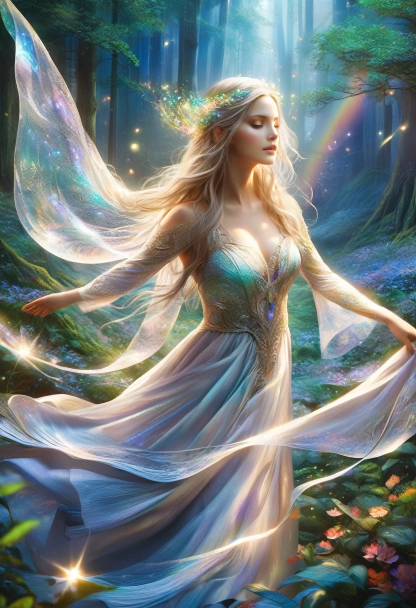 (best quality,4K,8K,high resolution,masterpiece:1.2), Extremely detailed, (Practical,photoPractical,photo-Practical:1.37), In the heart of the enchanted forest, Bathed in the soft moonlight filtering through the treetops, There stands a beautiful figure. She is an elf witch., Her long silver hair shimmers around her slender body.，Like silk woven from strands of moonlight. Her eyes, A mesmerizing rainbow mix, Shines with an otherworldly light, Reflecting the colorful colors of the surrounding forest. They are windows to the soul，As old as the trees, Full of wisdom and mystery beyond her years. Wearing a flowing white robe，It is decorated with intricate silver thread patterns., Her movements are graceful and easy. Every movement is a dance, The fluid movement seems to ripple through the air，Like water flowing over smooth stones. As she raised her slender hands to the sky, The air around her is filled with magical energy, The nature of the forest answered her call. Powerful words flowed from her lips，Like liquid silver, The ancient spell echoes in the silent night sky，The melody lingers in my mind. Every word, Tendrils of magical energy began to swirl around her., Intertwined in a flickering swirl of light and shadow. Shapes begin to form in the vortex, Phantom creatures born of pure magic dance to the rhythm of her voice. When her spell reaches, Her voice got higher and higher, A symphony of power and wonder that fills the forest. She finally waved her hands, She lifted the spell, Magical energy gathers into a beam of light，Light up the darkness like a thousand stars.(Artworks of Yoshitaka Amano:1.3)