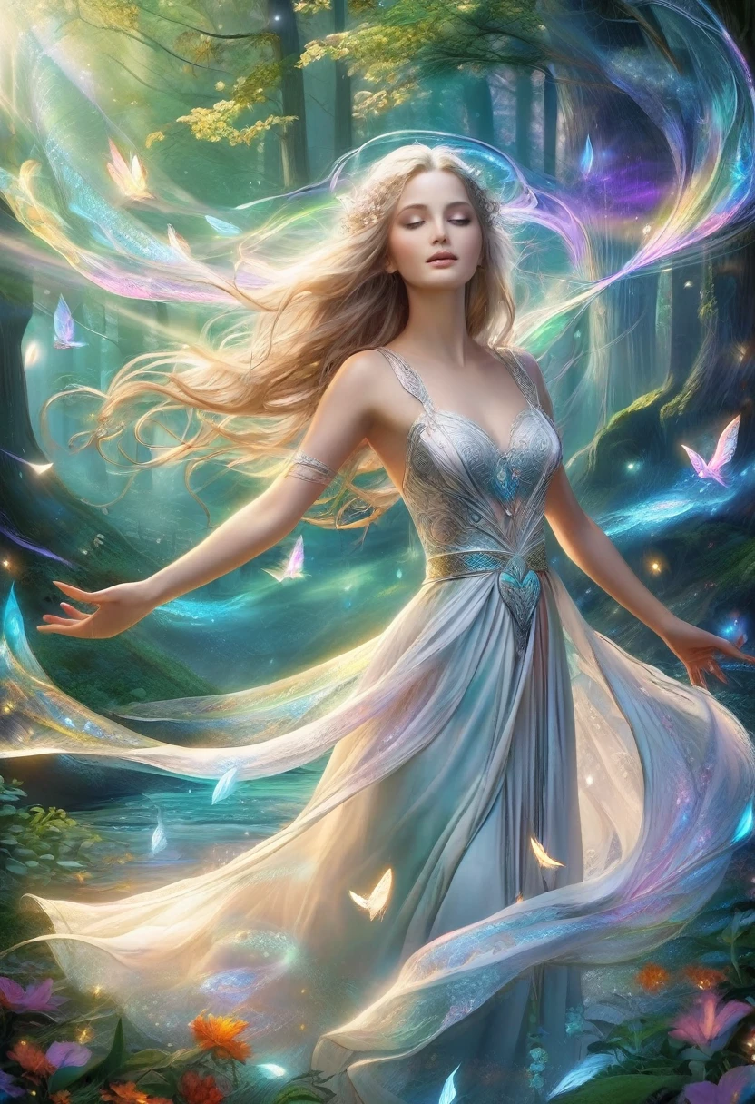 (best quality,4K,8K,high resolution,masterpiece:1.2), Extremely detailed, (Practical,photoPractical,photo-Practical:1.37), In the heart of the enchanted forest, Bathed in the soft moonlight filtering through the treetops, There stands a beautiful figure. She is an elf witch., Her long silver hair shimmers around her slender body.,Like silk woven from strands of moonlight. Her eyes, A mesmerizing rainbow mix, Shines with an otherworldly light, Reflecting the colorful colors of the surrounding forest. They are windows to the soul,As old as the trees, Full of wisdom and mystery beyond her years. Wearing a flowing white robe,It is decorated with intricate silver thread patterns., Her movements are graceful and easy. Every movement is a dance, The fluid movement seems to ripple through the air,Like water flowing over smooth stones. As she raised her slender hands to the sky, The air around her is filled with magical energy, The nature of the forest answered her call. Powerful words flowed from her lips,Like liquid silver, The ancient spell echoes in the silent night sky,The melody lingers in my mind. Every word, Tendrils of magical energy began to swirl around her., Intertwined in a flickering swirl of light and shadow. Shapes begin to form in the vortex, Phantom creatures born of pure magic dance to the rhythm of her voice. When her spell reaches, Her voice got higher and higher, A symphony of power and wonder that fills the forest. She finally waved her hands, She lifted the spell, Magical energy gathers into a beam of light,Light up the darkness like a thousand stars.(Artworks of Yoshitaka Amano:1.3)