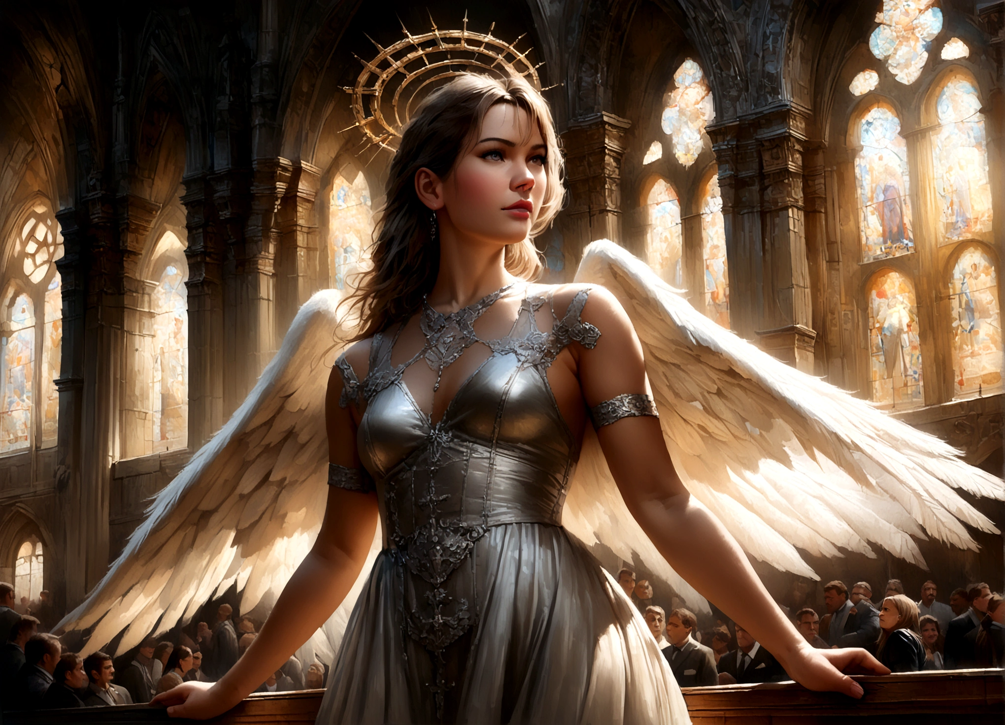 (best quality,4k,8k,highres,masterpiece:1.2),ultra-detailed,(realistic,photorealistic,photo-realistic:1.37),1 beautiful young woman,Kate Beckinsale,25 years old,platinum blonde hair,large pair of white angelic wings,halo,sheer silk dress,holy corona,majestic pose,crowded cathedral interior,stained glass windows,ornate architecture,dramatic lighting,detailed religious iconography
