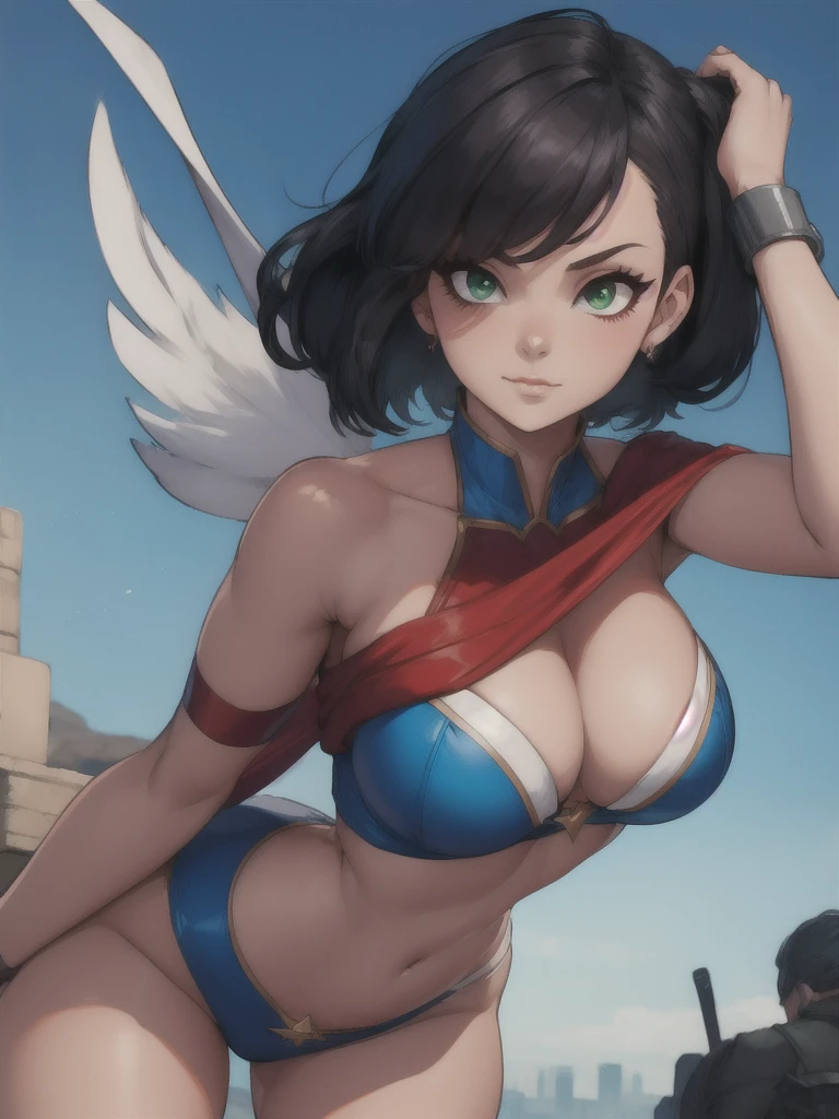 (8k), (Best Quality), (Masterpiece: 1.2), (realist), (superheroine powergirl flying over the planet on a battlefield,)), (black hair), Green eyes, Best Quality) 1.5, 1girl, Alone, (sexy, Beautiful woman, Perfect face, Perfect eyes), whole body.
