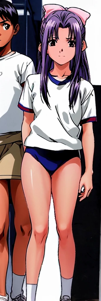 Momoko Koigakubo, a tall girl with beautiful legs, is standing with a smile on her face, wearing white gym clothes and light navy blue bloomers that look like panties, with her legs spread to the sides.。Next to Momoko Koigakubo is a second-grade boy wearing a tracksuit, who is being held by Momoko Koigakubo.。
