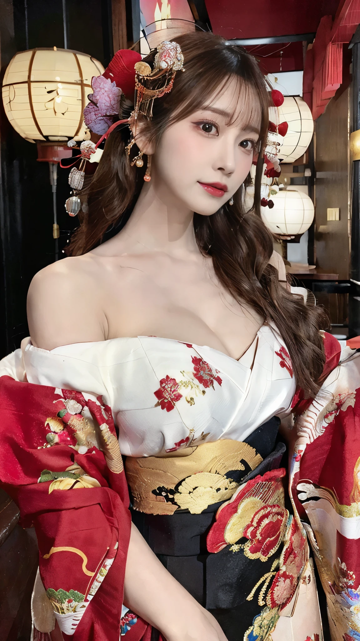 (Detailed skin:1.2),(Shiny skin:1.1),8K,Highest quality, masterpiece, Ultra-high resolution,(Realistic:1.4), RAW Photos,(Soft saturation:1.3),(Fair skin:1.2),Half-Japanese beauty,repair,20 years, Light brown hair, （Up-Hairstyles:1.2), Asymmetrical Hair, (Pretty face:1.4), (Large Breasts, Tight waist), Beautiful lighting, (Sexy Oiran:1.2,),Highly detailed face, Highly detailed lips, fine grain, double eyelid, （Sharp focus: 1.2）, （Perfect Anatomy),(Beautiful woman with perfect figure: 1.2）、Exposing cleavage、Random sexy poses，(Accentuate your leg lines:1.２)、kimono、Sharp Eyes,Alluring expression、Open your mouth wide、Gorgeous hair ornament、Japanese style background