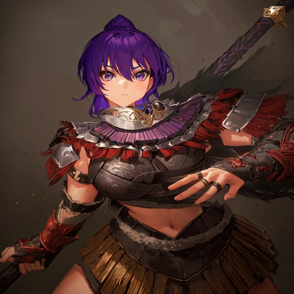Anime style image of a woman with purple hair and a spear, As a powerful monster hunter, wearing monster hunter armor, Armor Girl, wearing monster hunter armor, A very beautiful berserker woman, wearing dark Purple Armor, Morrigan, Epic RPG portrait, Wearing a shining plate, Portrait Ninja Gaiden Girl, With scaly armor, Purple Armor,Dark skin,Black Leather,Good shape,Huge breast Kingdoms志。Three Kingdoms无双,Three Kingdoms,,antiquity,Chinese style,Female generals