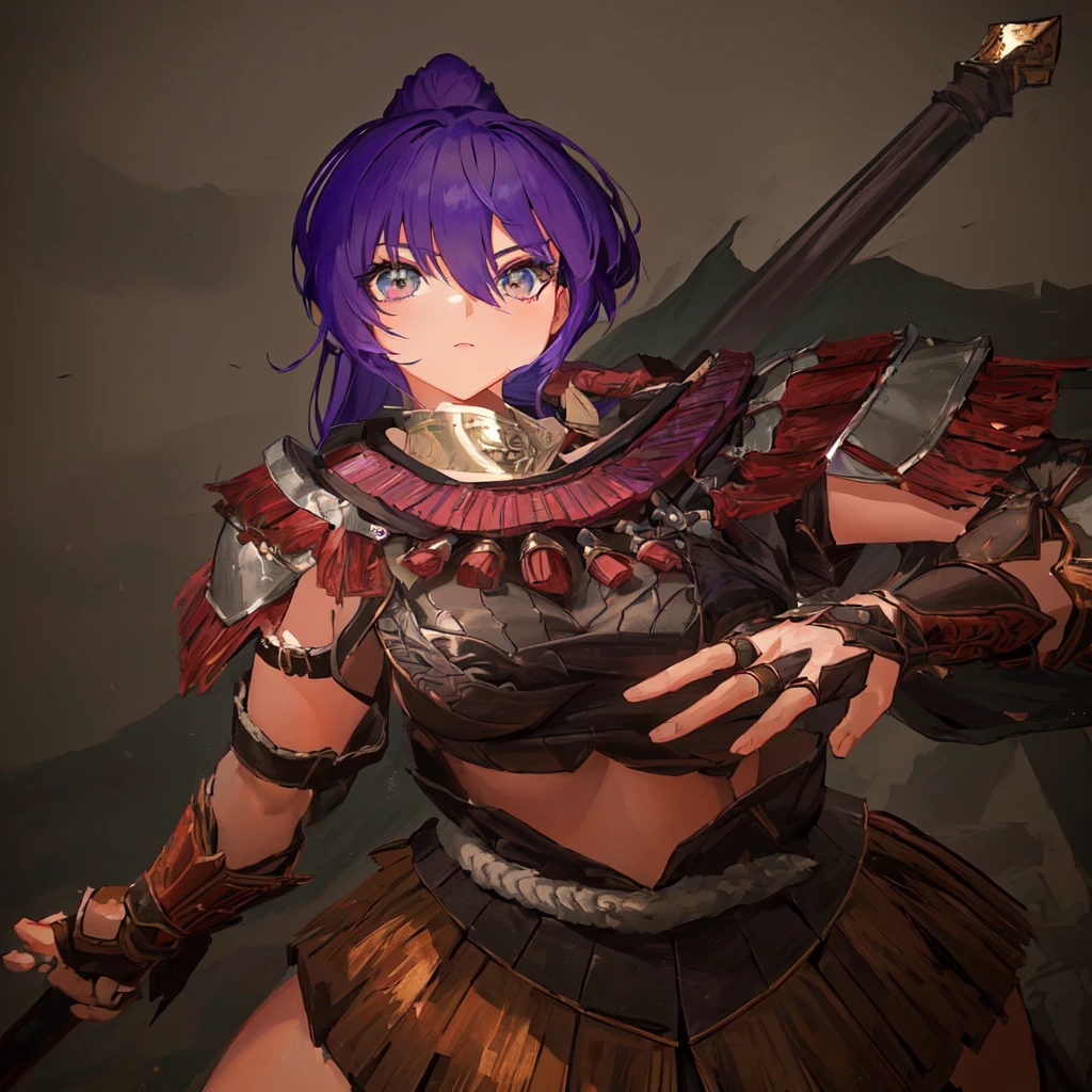 Anime style image of a woman with purple hair and a spear, As a powerful monster hunter, wearing monster hunter armor, Armor Girl, wearing monster hunter armor, A very beautiful berserker woman, wearing dark Purple Armor, Morrigan, Epic RPG portrait, Wearing a shining breastplate, Portrait Ninja Gaiden Girl, With scaly armor, Purple Armor,Dark skin,Black Leather,Good shape,Huge breasts,Three Kingdoms志。Three Kingdoms无双,Three Kingdoms,,antiquity,Chinese style,Female generals