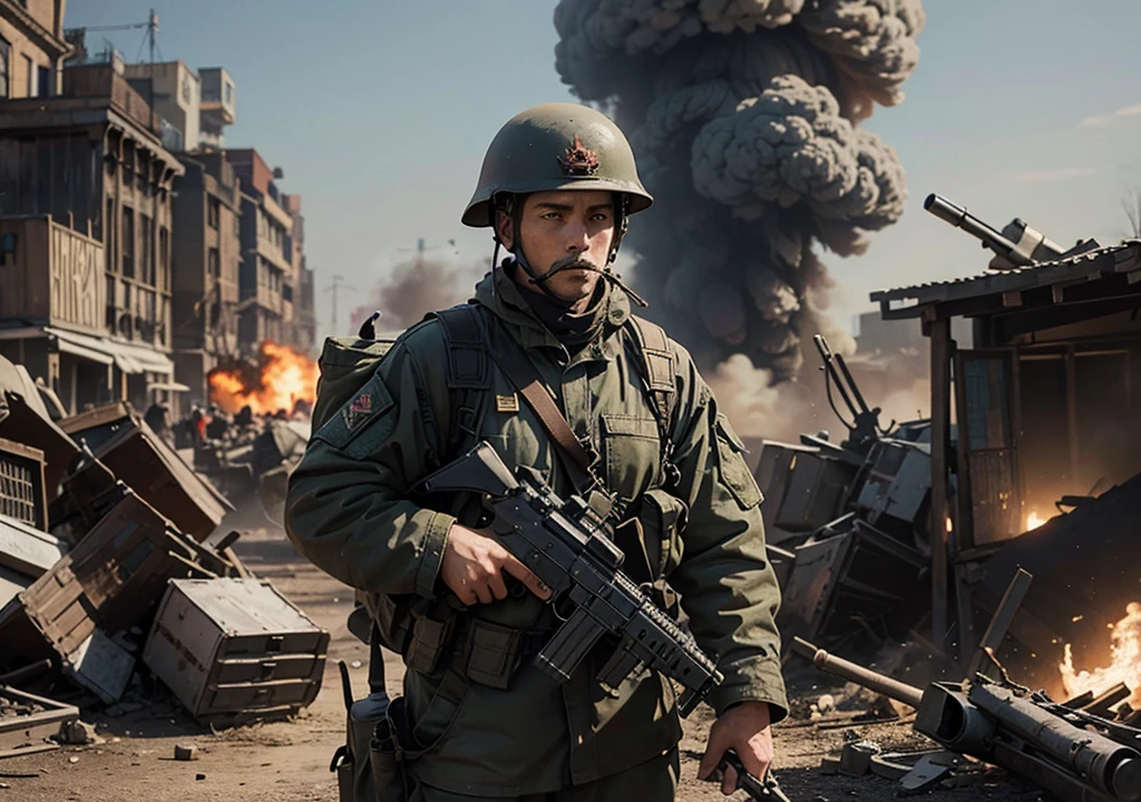Soldier of the Ukrainian army with a big gun, standing alone, in a helmet and gloves, a sniper rifle with symbols of the Ukrainian army, against the backdrop of a burning Kremlin, facing the viewer with a military look, sci-fi atmosphere.