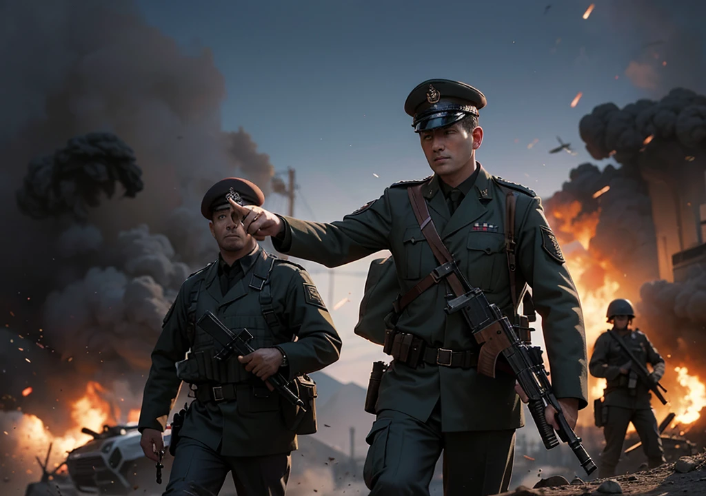 Historic war atmosphere, man held gun in hand, bombs blasting, war background,
