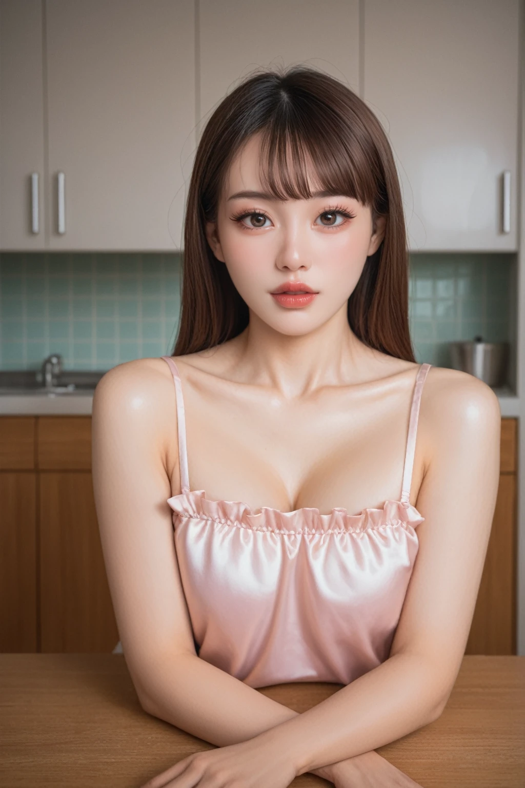 score_9, score_8_up, score_7_up, BREAK,
product quality, 1girl, full body shot, front view, a Japanese young pretty girl, shoulder length hair, wearing only a silky satin light pink apron with white frills over her naked body, sitting on a table in a kitchen, glamorous figure, busty, hyper cute face, glossy lips, double eyelids in both eyes, natural makeup, long eyelashes, shiny smooth light brown hair, asymmetrical bangs, fair skin, central image, high resolution, high detail, detailed hairstyle, detailed face, cinematic lighting, octane rendering, vibrant, hyper realistic, perfect limbs, perfect anatomy