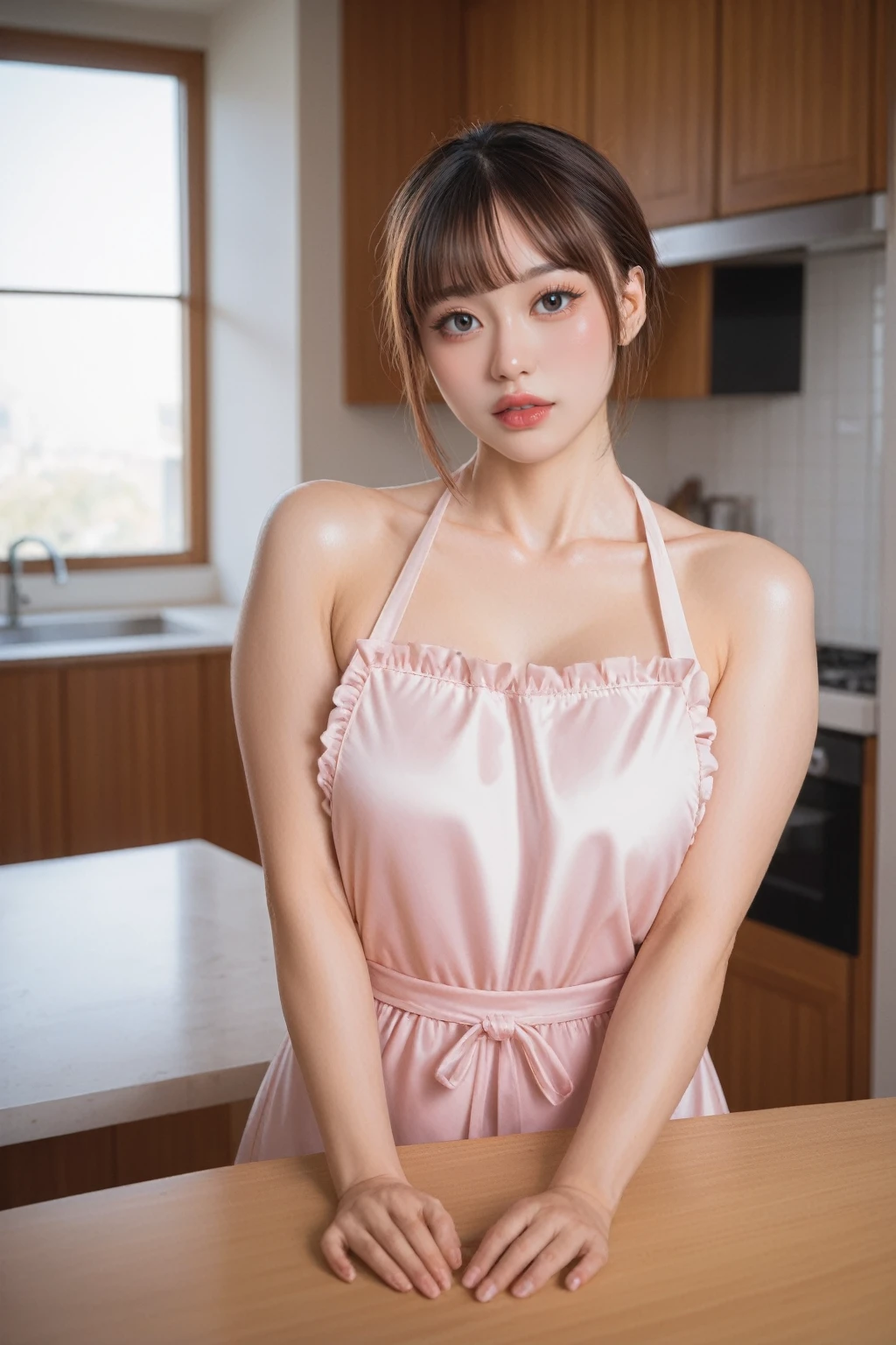 score_9, score_8_up, score_7_up, BREAK,
product quality, 1girl, full body shot, front view, a Japanese young pretty girl, shoulder length hair, wearing only a silky satin light pink apron with white frills over her naked body, sitting on a table in a kitchen, glamorous figure, busty, hyper cute face, glossy lips, double eyelids in both eyes, natural makeup, long eyelashes, shiny smooth light brown hair, asymmetrical bangs, fair skin, central image, high resolution, high detail, detailed hairstyle, detailed face, cinematic lighting, octane rendering, vibrant, hyper realistic, perfect limbs, perfect anatomy