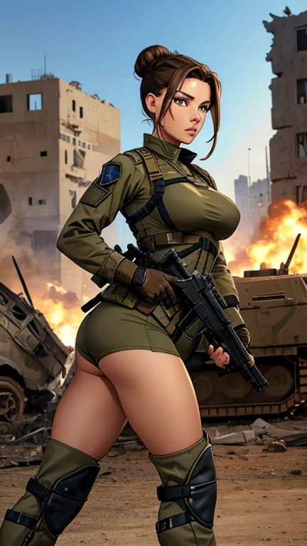 Israel military woman, beautiful, beautiful face, beautiful hazel eyes, brunette hair bun hairstyle, puffy lips, slim athletic body, perfect breasts, round ass, thick thighs, israel military uniform, tactical gear, tactical gloves, combat boots, destroyed building in background, tight fit full outfit, head to toe, armored vehicle