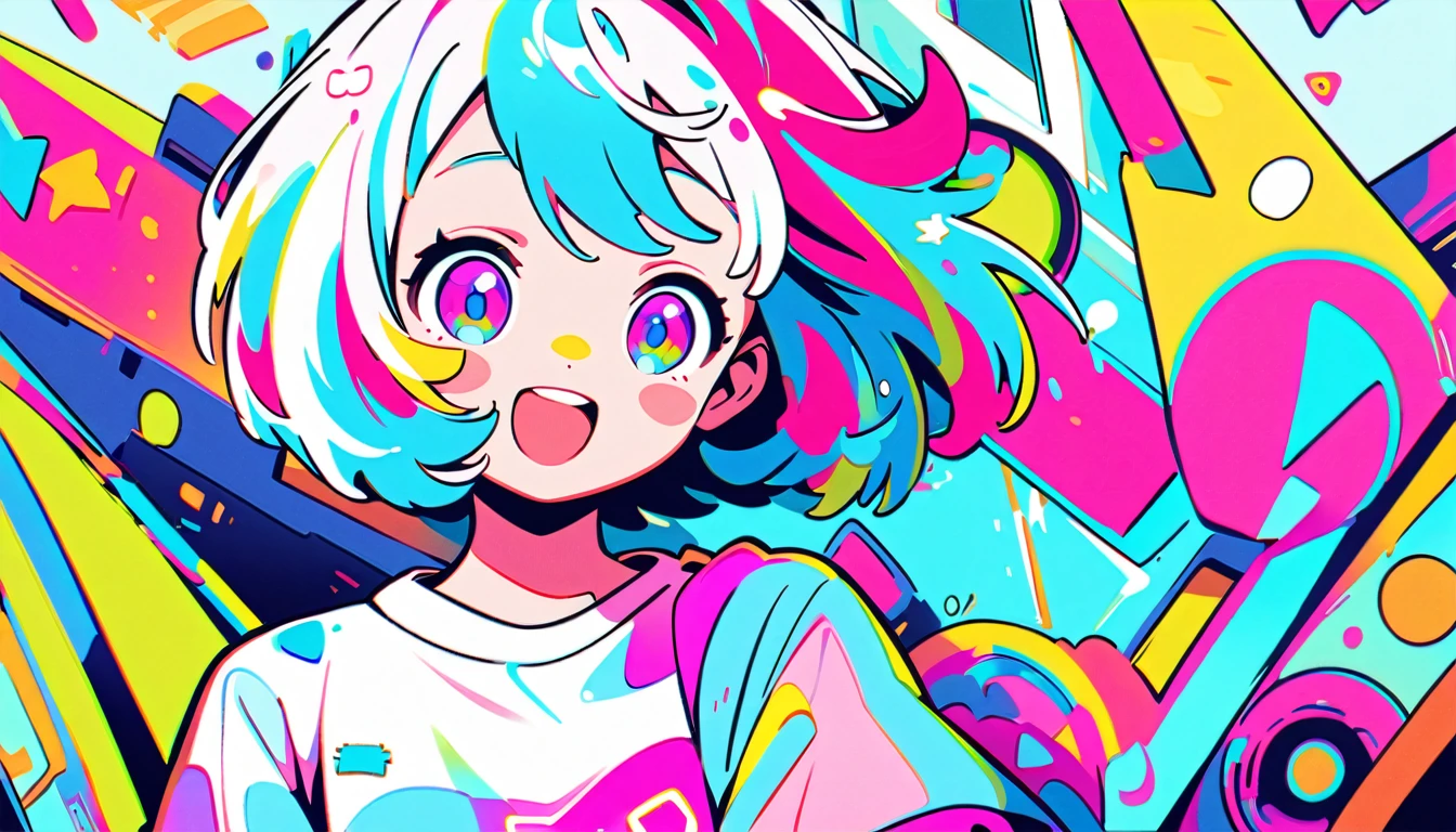 Vibrant art,pop、bright、colorful, 1 female, Light blue hair, short hair、Happy,cute, animation style, kawaii, clearly, colorful cyberpunk, bubblegum pop, cute、Pink and light blue as main colors、I'm cheering loudly、 Headphonesをしている、Headphoneusic、buzzer、buzzer, tropical,