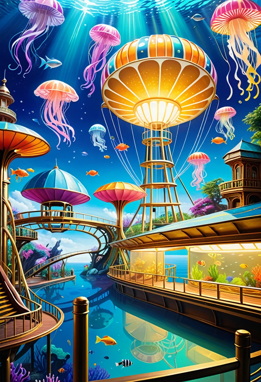 ((32k UHD, High Detail, 16k HDR Art)) Very detailed gouache painting, (((Deep Sea Futurism_theme_A park integrated with an aquarium，With extremely detailed gouache painting:1.4))), (((Futuristic intricate details_Underwater futurism_Science Fiction_Drum_Roller coaster and Ferris wheel_wheel:1.4))), (((Watch breathtaking pop performances_Colorful Jellyfish Street_Light:1.3))), 其奇妙的Light彩被惊人的细节捕捉到.、Brought to life with unparalleled skill and craftsmanship。. Intricate details and textures in silver and gold metallics, Cute expression, (((真正的最high quality杰作:1.4))), Cool and cute, Admire the sculptures, 展示artist&#39;Skilled brushwork. artist&#39;Skilled brushwork was demonstrated, Intricate details, Complex brushstrokes, Crazy handwriting, Delicate brushstrokes, (((high quality、high transparency:1.3))), (((最high quality渲染:1.3))), (((Everything is clearly visible:1.3))), Images that exude an otherworldly feel, (((Great digital supplement:1.3))), (((Rendering radiance at stunning 32K resolution:1.4))), best quality, high quality, best quality Masterpiece, Visually appealing and attractive images, best quality, Everything in focus is clear, Extravagant wishes, 所形成的轮廓线散发出令人惊叹的美丽Light泽., Extremely complex and sophisticated, Imagine a visually striking illustration, (((Intricate details effortlessly blend fantasy and reality:1.5))), Studio Style Photography, Clear film grain "Style Fuji XT3"