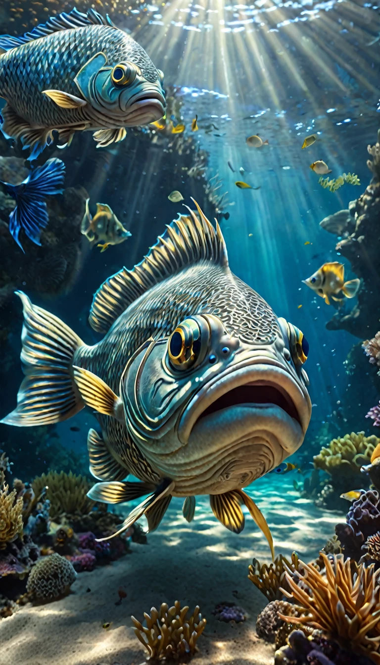 A detailed, fantastical underwater scene with a human-faced fish creature, high-quality 4K/8K, masterpiece, ultra-detailed, realistic, photorealistic, hyper-detailed animal, intricate patterns, realistic lighting, fantasy creature