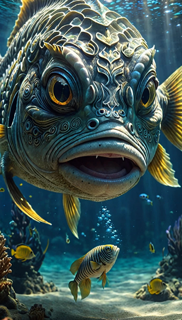 A detailed, fantastical underwater scene with a human-faced fish creature, high-quality 4K/8K, masterpiece, ultra-detailed, realistic, photorealistic, hyper-detailed animal, intricate patterns, realistic lighting, fantasy creature