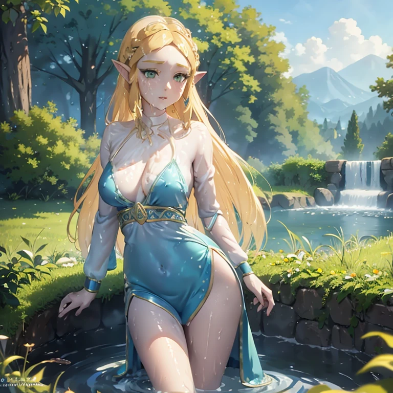 princess zelda, blonde very long hair, green eyes, wearing a sexy blue dress, side slit, ultrasharp, looking at the viewer, ((best quality)), ((masterpiece)), (detailed), perfect face, big breast, sexy body, standing in pool of water