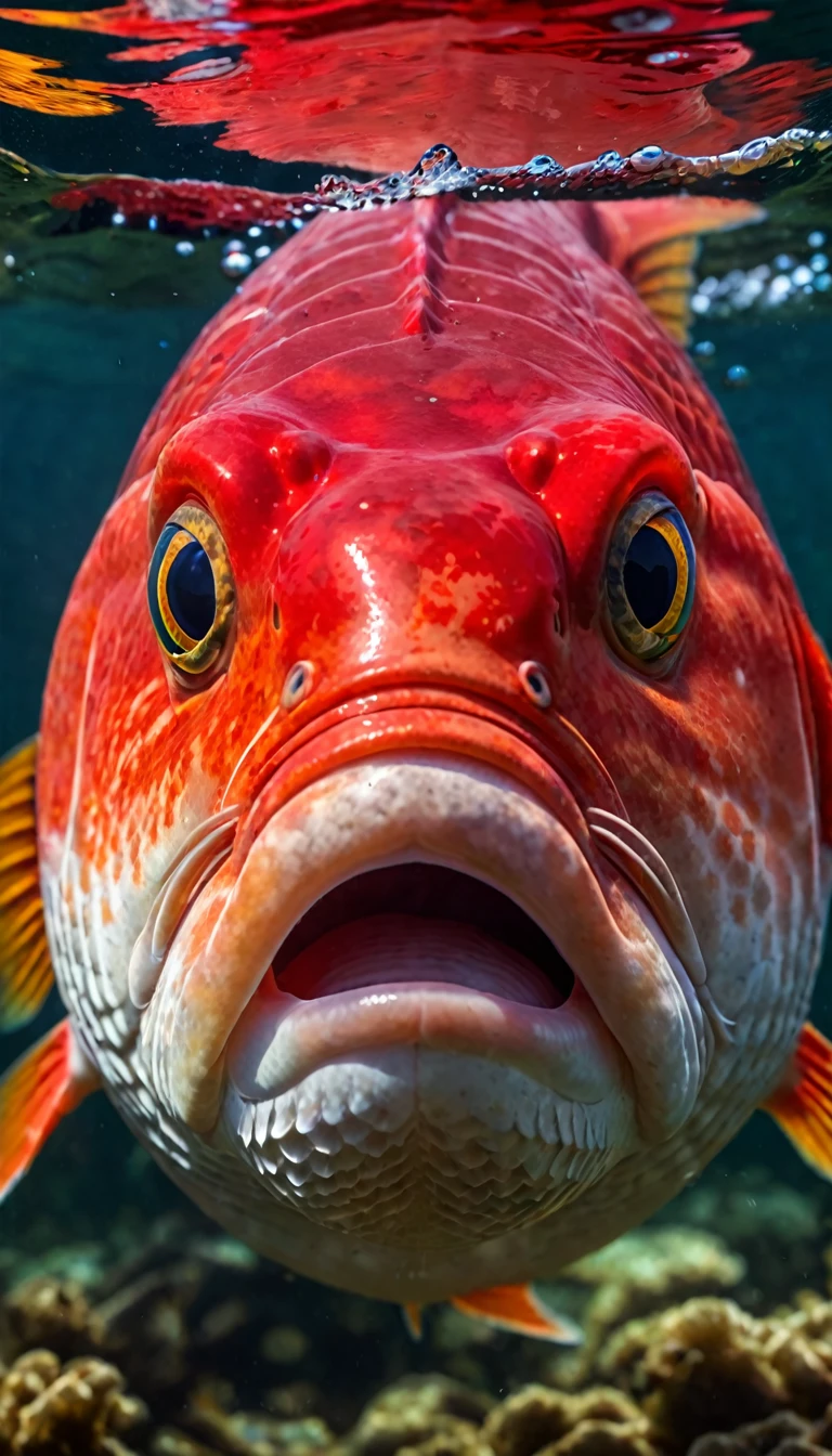 Panorama，A red carp under the water，Face fish body（best quality，4K，8K，High level，masterpiece：1.2），Ultra Detailed，（lifelike，Photo real，Photo real：1.37），Highly detailed animals，Complex patterns，Realistic lighting，Fantasy Creatures