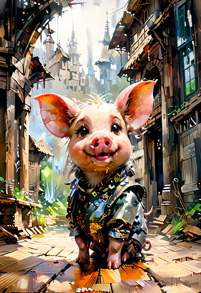 Masterpiece Illustration, high quality, high resolution 16k, a painting of a dady pig with a smile on it's face,Looking at the camera, (fisheye camera ) zhibi, funy cartoon, computer graphics, oil painting, little pig With big ears sitting on a wooden floor, trend in Art Station, playful smile, 🍁 cute, inspired by Ruben Tam, very cute facial features, , small in size, long pointed ears, artistic style, oil and watercolor painting