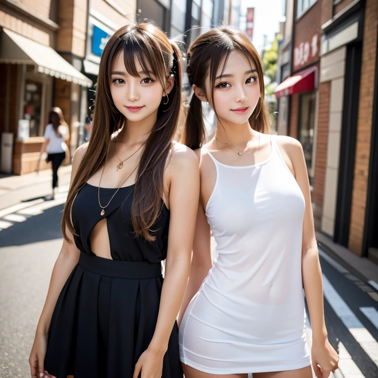 Tabletop, Two Girls、Highest quality, figure, Super detailed, In detail, High resolution, 8k wallpaper, Perfect dynamic composition, Beautiful attention to detail, Women's fashion,Natural color lip, Twin tails. Bold sexy pose,smile,Harajuku、****************、cute、sexy shot looking at camera,