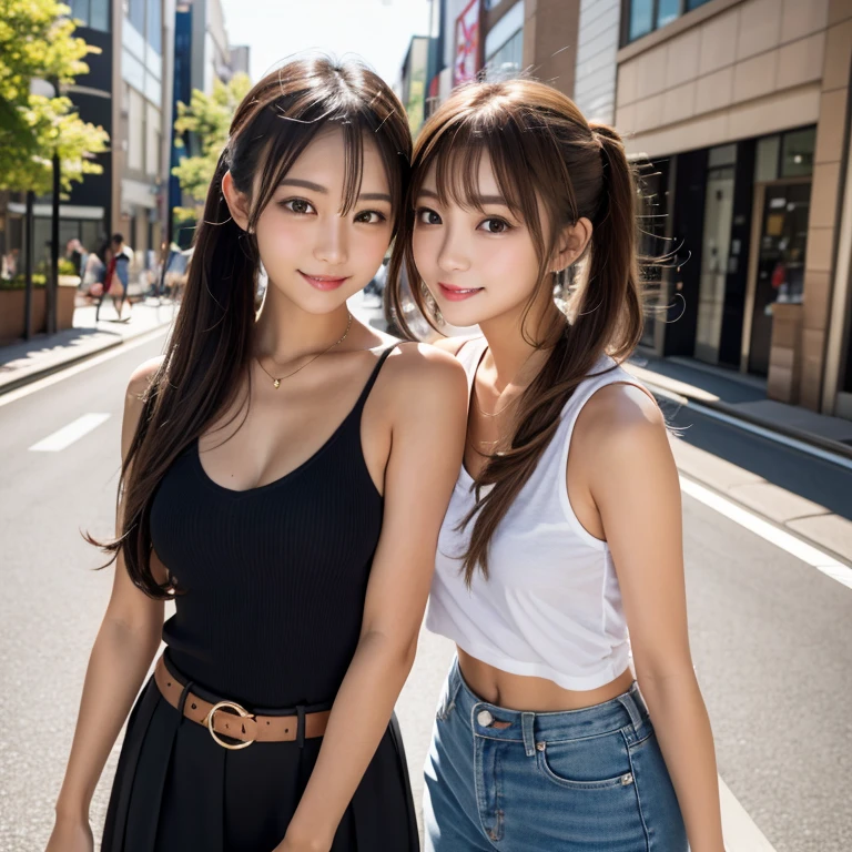 Tabletop, Two Girls、Highest quality, figure, Super detailed, In detail, High resolution, 8k wallpaper, Perfect dynamic composition, Beautiful attention to detail, Women's fashion,Natural color lip, Twin tails. Bold sexy pose,smile,Harajuku、17-year-old girl、cute、sexy shot looking at camera,