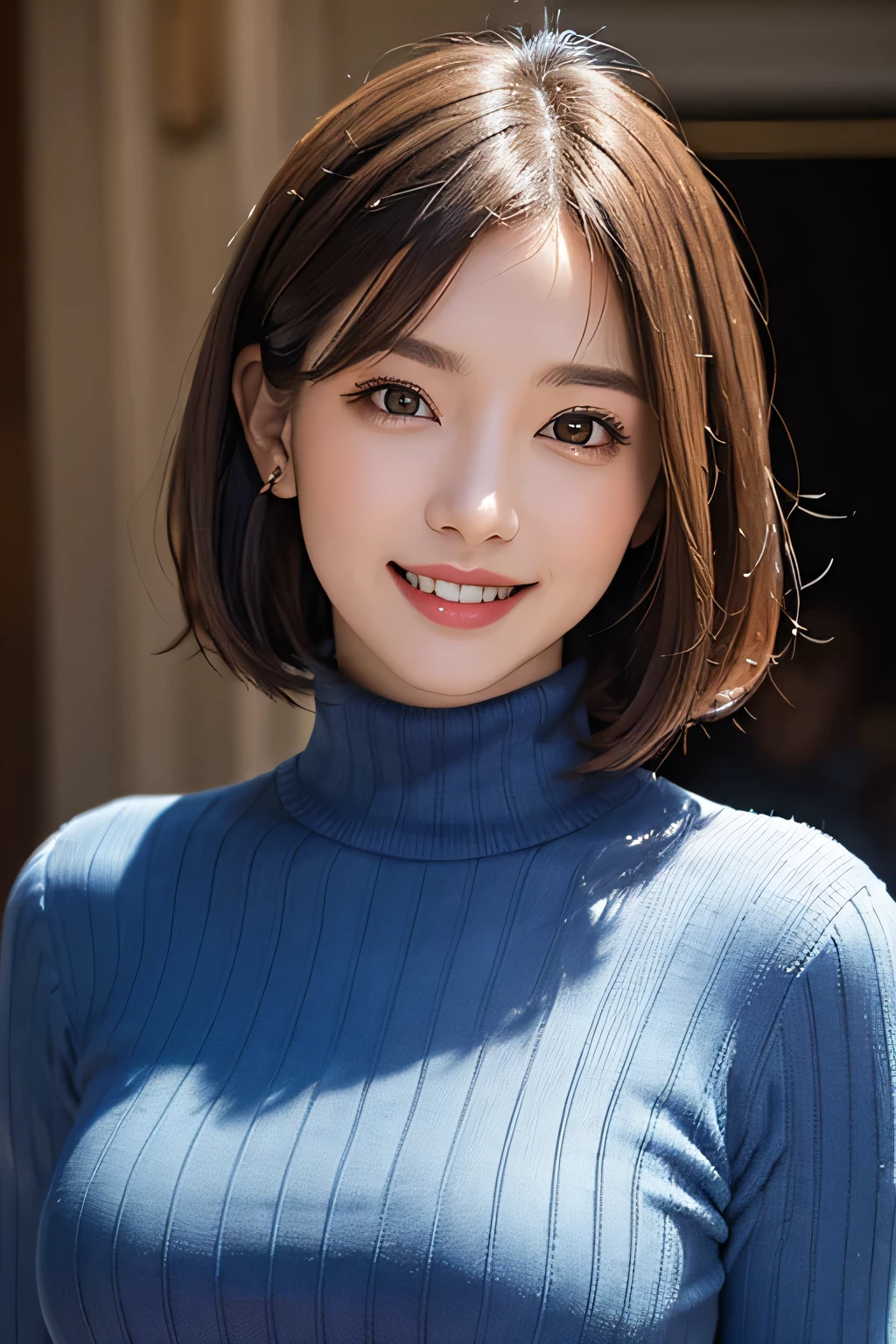 ((masterpiece)), ((Highest quality)), ((Complex)), ((Surreal)), (Realistic), (Mature Woman), ((There are no classes)), Very detailed, (1 female), Beautiful and exquisite, (Beautiful Teeth), Grin, Brunette Bob Hair, Brown eyes, ((Blue turtleneck)), (Upper Body), (background:none), Perfect Eyes, Captivating eyes, Looking at the audience