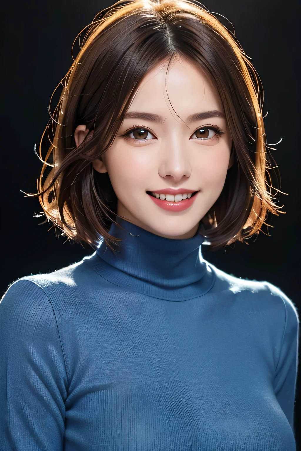 ((masterpiece)), ((Highest quality)), ((Complex)), ((Surreal)), (Realistic), (Mature Woman), ((There are no classes)), Very detailed, (1 female), Beautiful and exquisite, (Beautiful Teeth), Grin, Brunette Bob Hair, Brown eyes, ((Blue turtleneck)), (Upper Body), (background:none), Perfect Eyes, Captivating eyes, Looking at the audience