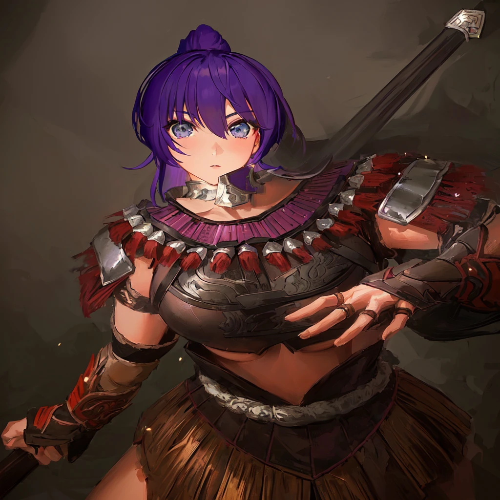 Anime style image of a woman with purple hair and a spear, As a powerful monster hunter, wearing monster hunter armor, Armor Girl, wearing monster hunter armor, A very beautiful berserker woman, wearing dark Purple Armor, Morrigan, Epic RPG portrait, Wearing a shining breastplate, Portrait Ninja Gaiden Girl, With scaly armor, Purple Armor,Dark skin,Black Leather,Good shape,Huge breasts,Three Kingdoms志。Three Kingdoms无双,Three Kingdoms,,antiquity,Chinese style,Female generals