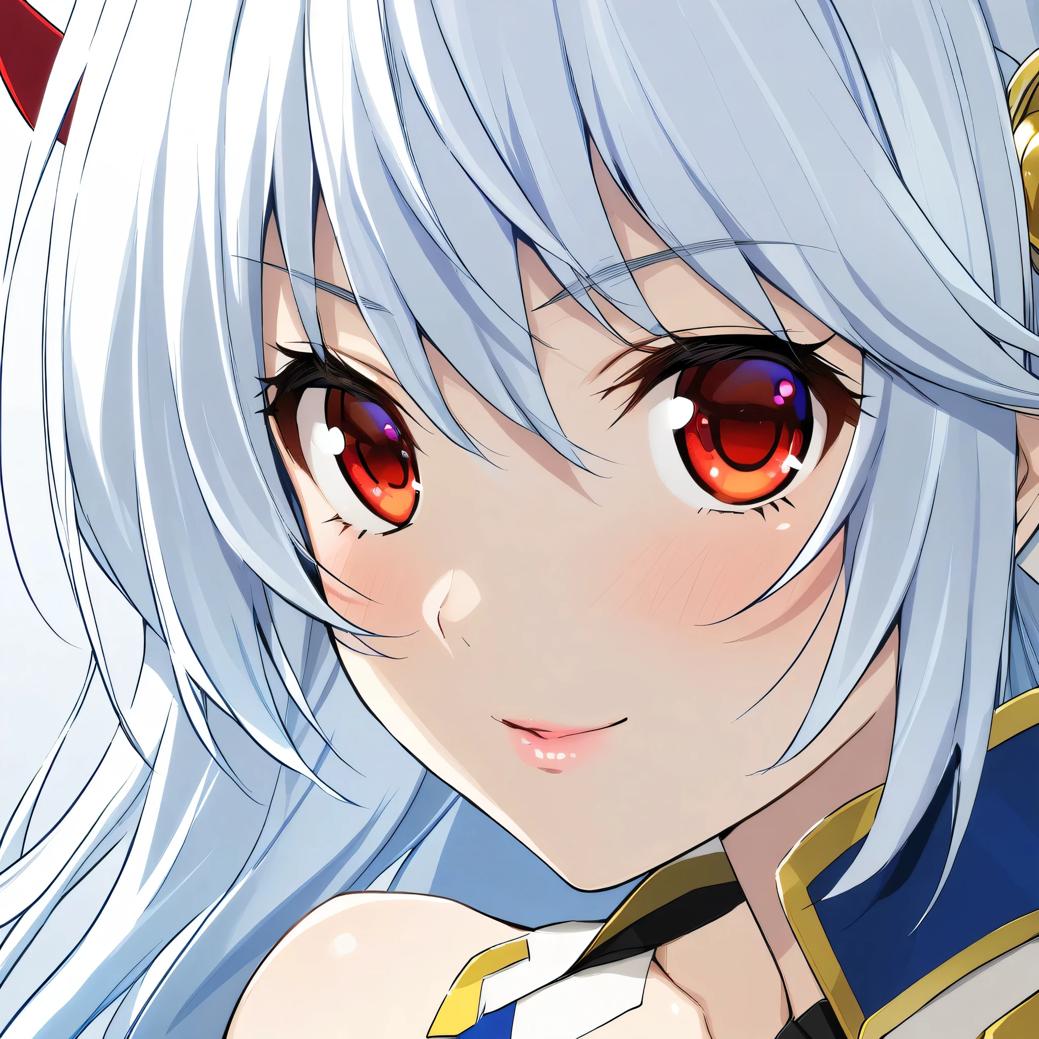 1girl, solo, eleonora_viltaria, white hair, red eyes, blue outfit, close-up, portrait, seductive smile,
