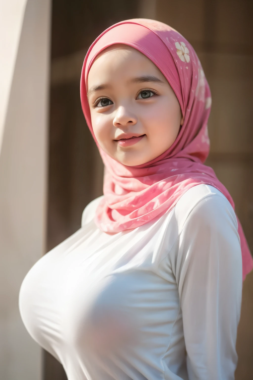 (Undress Strapless dress), Chubby adorable, 1 girl, (face to face), 10 years old, baby face, happy, half body portrait, (face details: 1), (eye details: 1), ((big breasts)). wearing transparent transparency soft soft long shirt, hijab, .. Cute posed. proportional body. Ultra High Res. realistic: 1.4, UHD, (floral pattern), view from side seductive pose 