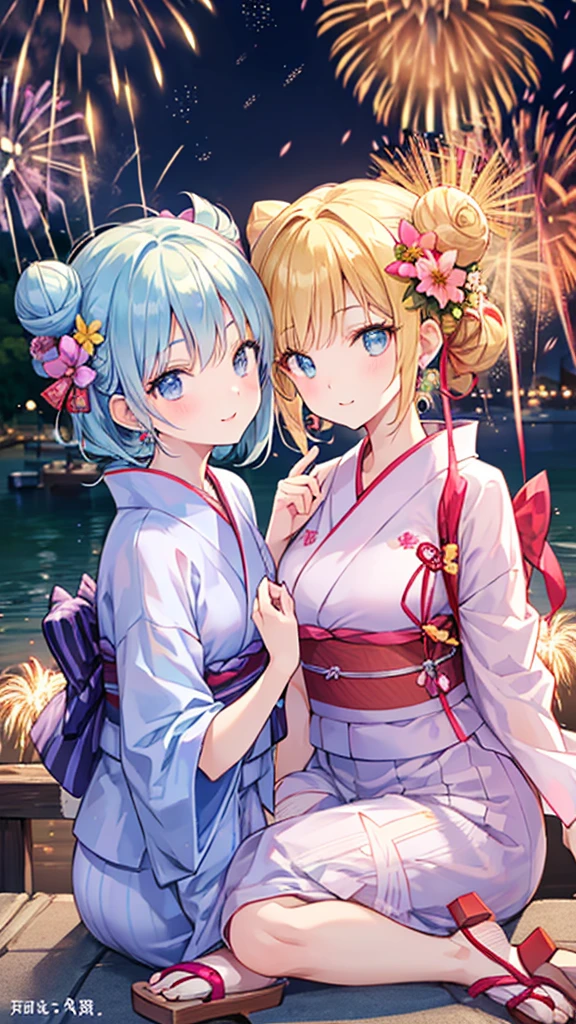 highest quality、High resolution、Detailed Background、(Beautiful face in every detail:1.4)、Anatomically correct、(Detailed facial expressions)、(Detailed eyes:1.2)、(Detailed eyes:1.2)、age beauty、(Highly detailed face:1.4)、cute hair color、well-groomed eyebrows、In a joking manner、A big smile、cute gesture、Lake Biwa、Fit on one screen、
(Two beautiful girls having fun with fireworks in the background:1.5)、
The yukata is pink、light blue、Light colors such as pastel colors are recommended.、
Florets and stripes、Cute designs such as polka dot patterns、The length is knee-length or slightly longer for a feminine look.、
The obi is a cute thin ribbon. Choose one that matches the color of the yukata.、Geta are a delicate design、Flower motifs are adorable、
Keep accessories to a minimum and wear earrings and bracelets.、For hair accessories, we recommend ribbons or pearls in a color that matches your yukata.、The key is to create a cute hairstyle, such as a bun or half-up.、Natural makeup is recommended to match the atmosphere of the yukata.、Sandals or flat-designed geta are recommended.、
Lake Biwa Fireworks Festival、One of Japan's leading fireworks festivals held in Otsu City, Shiga Prefecture、Fireworks will be launched over the surface of Lake Biwa.、
The view of the fireworks reflected on the lake surface is spectacular and it is a popular viewing spot.、cute