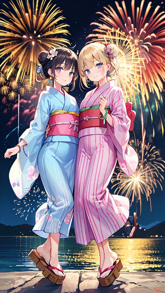 highest quality、High resolution、Detailed Background、(Beautiful face in every detail:1.4)、Anatomically correct、(Detailed facial expressions)、(Detailed eyes:1.2)、(Detailed eyes:1.2)、 beauty、(Highly detailed face:1.4)、cute hair color、well-groomed eyebrows、In a joking manner、A big smile、cute gesture、Lake Biwa、Fit on one screen、
(Two beautiful girls having fun with fireworks in the background:1.5)、
The yukata is pink、light blue、Light colors such as pastel colors are recommended.、
Florets and stripes、Cute designs such as polka dot patterns、The length is knee-length or slightly longer for a feminine look.、
The obi is a cute thin ribbon. Choose one that matches the color of the yukata.、Geta are a delicate design、Flower motifs are adorable、
Keep accessories to a minimum and wear earrings and bracelets.、For hair accessories, we recommend ribbons or pearls in a color that matches your yukata.、The key is to create a cute hairstyle, such as a bun or half-up.、Natural makeup is recommended to match the atmosphere of the yukata.、Sandals or flat-designed geta are recommended.、
Lake Biwa Fireworks Festival、One of Japan's leading fireworks festivals held in Otsu City, Shiga Prefecture、Fireworks will be launched over the surface of Lake Biwa.、
The view of the fireworks reflected on the lake surface is spectacular and it is a popular viewing spot.、cute