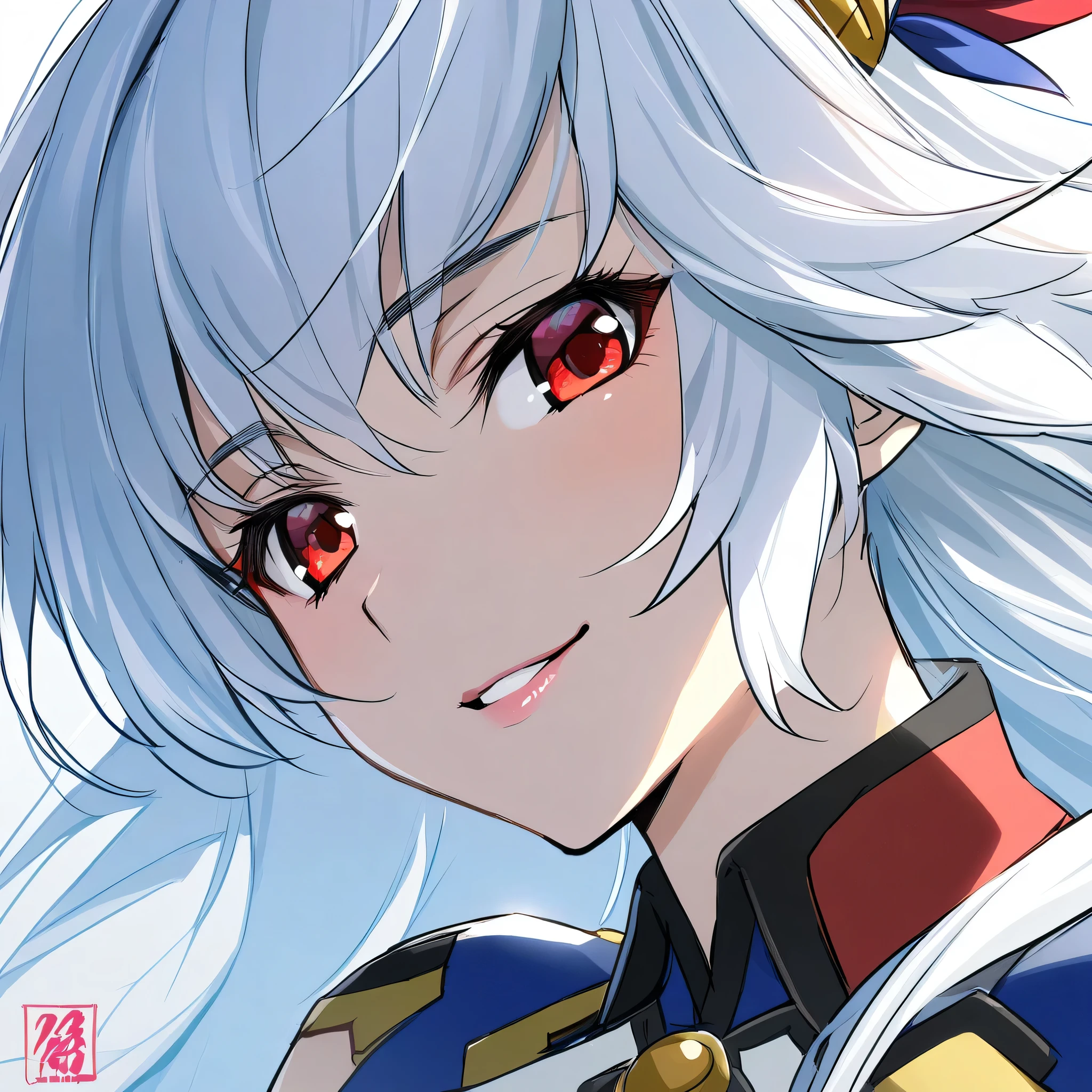 1girl, solo, eleonora_viltaria, white hair, red eyes, blue outfit, close-up, portrait, seductive smile, 