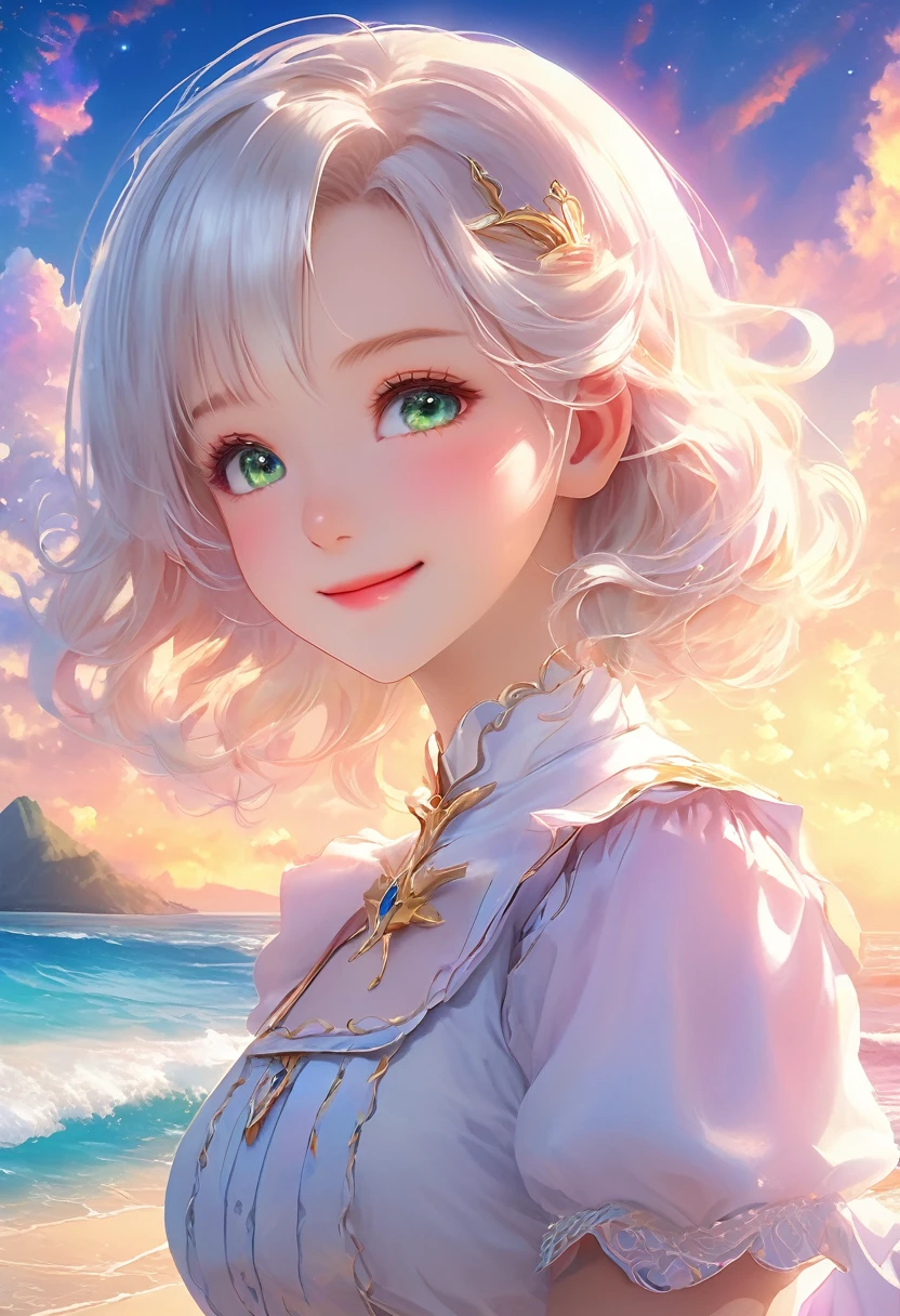 (Panorama, Center, Masterpiece, Highest Quality: 1.2), (8K, Raw Photos, Highest Quality), ((Masterpiece: 1.2)), Realistic, Ultra High Resolution, High Contrast, Photon Mapping, Vivid Colors, distant view, long shot, from behind, full body, Focal length: 26mm, f/5, Super Detailed, Raw Photos, Authentic, Official Art, RAW Photos, Professional Lighting, Lights, Vivid Atmosphere, finest illustration, best shadows), A smiling young girl (Emilia princess from Re:Zero, elegant silver-haired girl with delicate features, beautiful detailed eyes, long eyelashes, full lips, colorful makeup, slim waist, wearing a academy uniform, short sleeve top, photorealistic, (best quality,4k,8k,highres,masterpiece:1.2),ultra-detailed,(realistic,photorealistic,photo-realistic:1.37), extremely detailed face and eyes, highly detailed iris, (cute)),Early summer. On a beautiful white sandy beach, a smiling girl is looking at the islands scattered off the coast of the sea. A white cat is sitting next to a smiling girl. Beautiful blue gradient. Beautiful green gradient. An atmosphere that exudes the excitement of adventure. An atmosphere that makes you feel happy and joyful. High Fantasy Worldview. A magnificent composition. Beautifully depicted with the golden rule. Guardian nebula of rainbow light and silvery vapor. Corrosive Encirclement Ray Family Color. Slimy air.