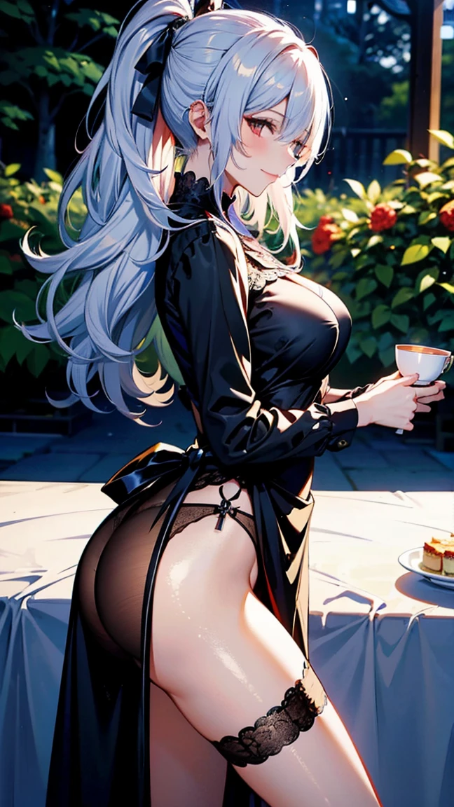 (masterpiece, Highest quality), (Ultra-high resolution, 8k RAW photos, Photorealistic:1.5, Fabric Shading, Thin contours), Beautiful mature woman preparing a tea party in the garden, (Tea set, you can, Tea cup, Some cakes on a plate), Gothic Table, (伝統的なダークブラウンのMaid clothesを着用, Maid clothes:1.2, Long Flared Skirt, apron), tall and leggy, Long white hair, Wearing borderless grass, (Mature Woman:1.5, 28 years old, alone), ( Tight waist), (Long white hair, Hair on one eye, Updo, Side Lock, Asymmetrical Hair, Wavy Hair), (Bright Eyes, Fine grain, A face with attention to detail, perfect face shape, Bloodshot eyes), (A seductive smile, Half-close your eyes), (Looking at the audience:1.3), (Dynamic Angle, Thigh focus, From side to bottom:1.2), ((Correct Anatomy:1.5, The right move)), (Ideal body proportions), Outdoor, Glass Garden, ((Garter Stockings))((black thong))