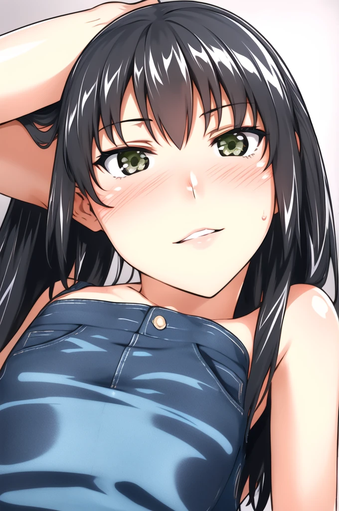 masterpiece,best quality,ultra detailed, nsfｗ, 1girl, SittingBlowjobQuiron pose, おっぱい, aroused, one-piece swimsuit, BLACK_HAIR, BANGS, LONG_HAIR, HAIR_ORNAMENT, BLUNT_BANGS, BLUSH, GREEN_EYES, SMILE, HAIRCLIP, AQUA_EYES, embarrassed