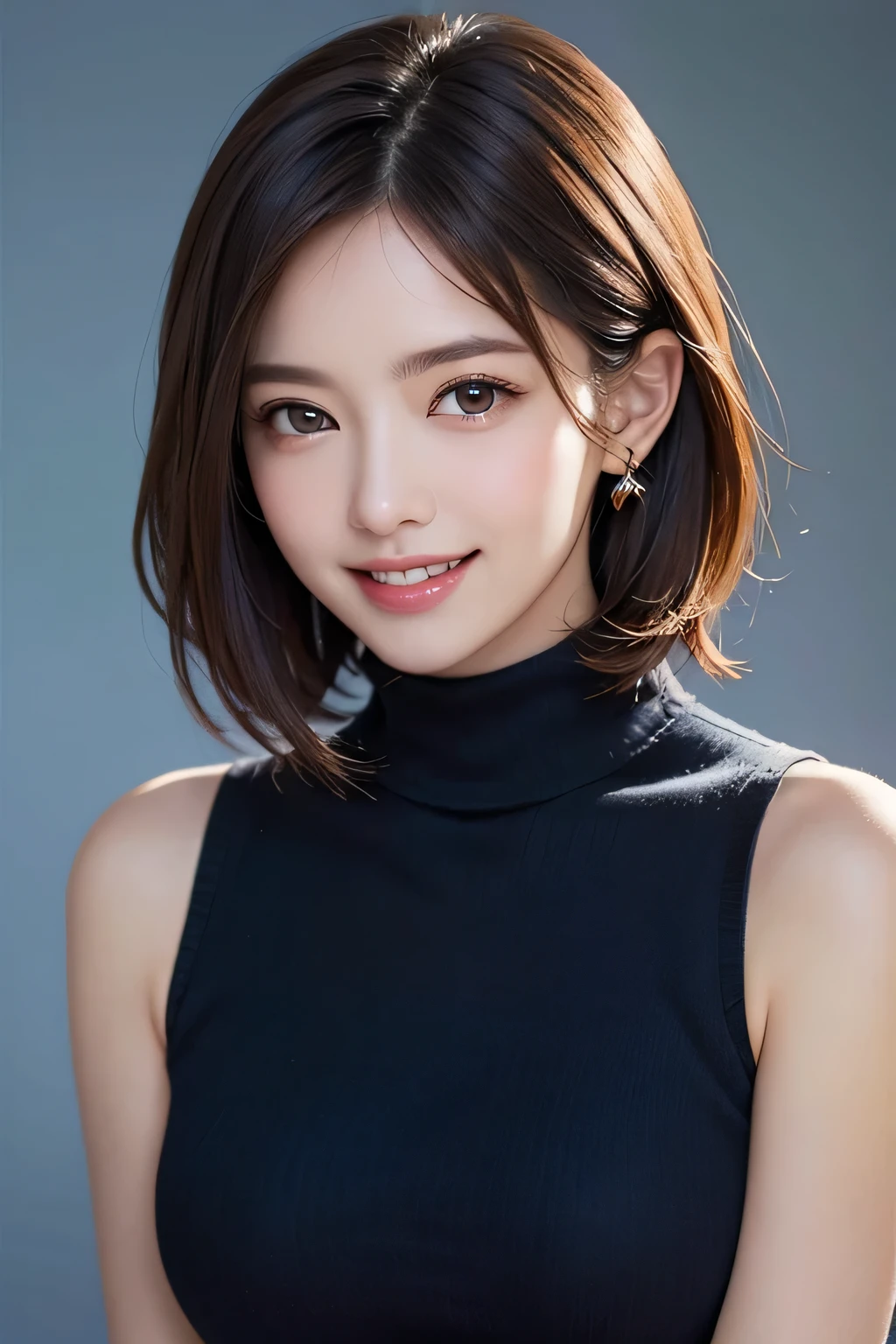 ((masterpiece)), ((Highest quality)), ((Complex)), ((Surreal)), (Realistic), (Mature Woman), ((There are no classes)), Very detailed, (1 female), Beautiful and exquisite, (Beautiful Teeth), Grin, Brunette Bob Hair, Brown eyes, ((Blue turtleneck)), (Upper Body), (background:none), Perfect Eyes, Captivating eyes, Looking at the audience