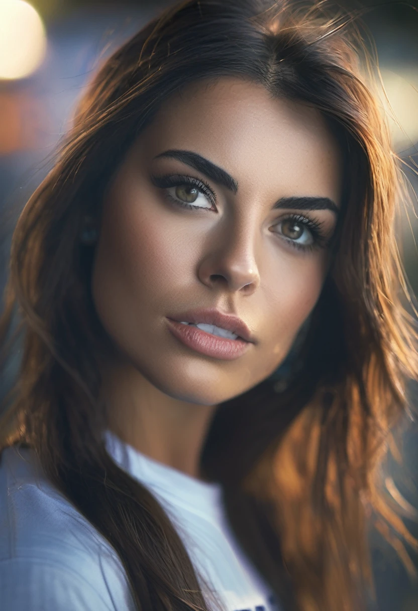 An amazing portrait of a beautiful brunette woman wearing ENGLAND soccer team t-shirt, dark brown eyes, dark hair, straight hair, ponytail, great facial feature, perfect eyes, ultra realistic eyes, perfect face, perfect body, cinematic, color analog film photo, intimate posing, realistic hair, ((Perfect Face)), ((Sexy Face)), full shot of a sexy beautiful girl, Photograph, photorealistic, Evocative Pose, ((cute)), sexy pose, (Looking at Viewer), artgerm, cinematic lighting, very high detailed, foggy background, shot on Fujifilm Superia 400, Short Light, 32k, cinematic composition, professional color grading, film grain, atmosphere, wondrous, very stormy . faded film, desaturated, 35mm photo, grainy, vignette, vintage, Kodachrome, Lomography, stained, highly detailed, found footage , film grain, photography, photoshoot, cinematic lighting, volumetric lighting, insanely detailed, hot, sexy, very seductive, super model, (photorealistic:1.3), (highest quality:1.3), (film grain:1.3), ( world's best photography:1.3), (professional Photo:1.3), (detailed details:1.3), (cinematic light:1.3), ( cinematic color:1.3), maximum depth of field, film photography, ( intricate details:1), (hyperdetailed:1), (((SFW))), ((forward facing)), natural breasts, sexy clothes, beautiful lips, light skin