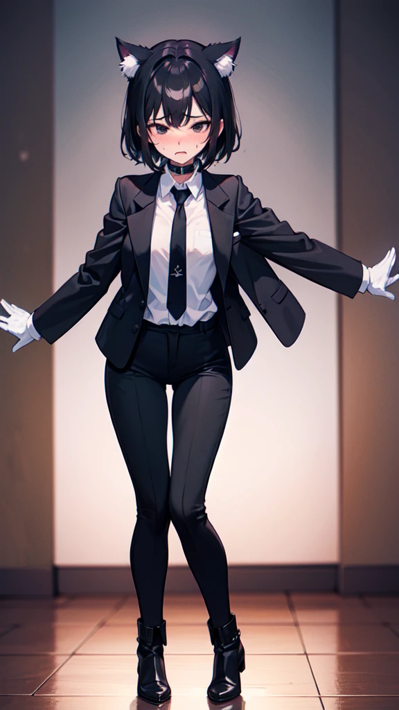 18-year-old girl,cute,Wear a white long-sleeved shirt and a black jacket and a black work tie,Wear black trousers,Wear black booties,Wear white gloves,wear cat ear,Wearing a collar,Black hair,Black eyes,Very thin waist,Very thin legs,Handsome,Disdainful and cold expression,shy,blush,scared,Sweating,tired,pornography,porn action
