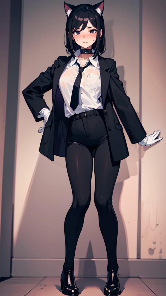 18-year-old girl,cute,Wear a white long-sleeved shirt and a black jacket and a black work tie,Wear black trousers,Wear black booties,Wear white gloves,wear cat ear,Wearing a collar,Black hair,Black eyes,Very thin waist,Very thin legs,Handsome,Disdainful and cold expression,shy,blush,scared,Sweating,tired,pornography,porn action