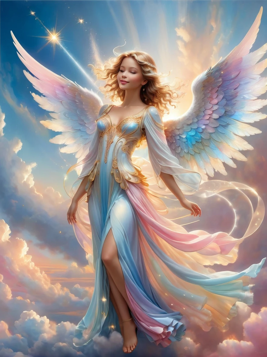 A whimsical representation of an angel with large, sparkling wings, standing on a cloud. The angel is striking an unconventionally hip, modern pose, complete with a gentle smile. The angel's wings shimmer with a gradient of pearlescent colors, catching hints of blues, pinks, and gold. The sky behind is a majestic blend of sunset colors, with flecks of emerging stars. The angel's robe is hints of pastels, fluttering softly as if moved by a gentle breeze. To add a certain level of modernity - the angel is wearing trendy, casual shoes.