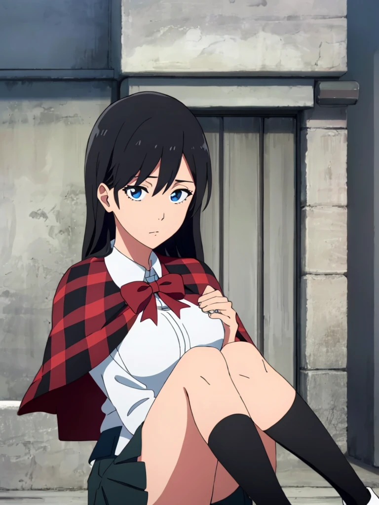 large breasts,show off nipples,((Highest quality)),((Very detailed)),masterpiece,Absurd,Detailed face,Beautiful Face,(Fine grain, Deep Eyes),One girl,((Dynamic pose)),  Noel, alone, Black Hair, blue eyes, skirt, , Long Hair, Sitting, Capelet, Jacket, pleated skirt, chest, bow, blazer, View your viewers, socks, hair ornaments, shirt, Plaid, ribbon,