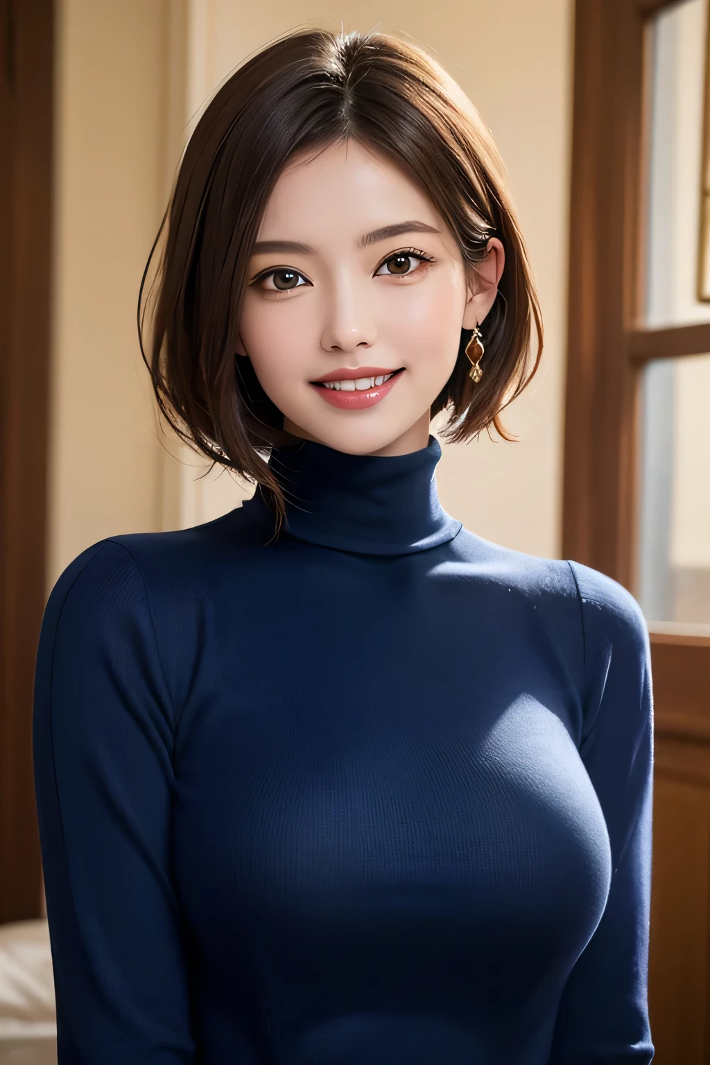 ((masterpiece)), ((Highest quality)), ((Complex)), ((Surreal)), (Realistic), (Mature Woman), ((There are no classes)), Very detailed, (1 female), Beautiful and exquisite, (Beautiful Teeth), Grin, Brunette Bob Hair, Brown eyes, ((Blue turtleneck)), (Upper Body), (background:none), Perfect Eyes, Captivating eyes, Looking at the audience