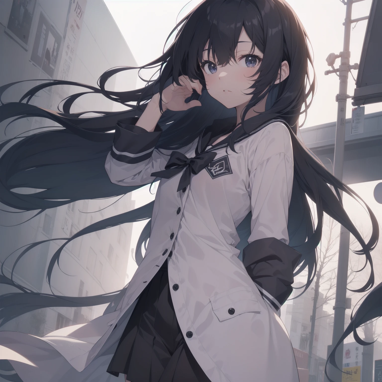 ultra-absurdres-Top quality by artist God, ultra-detailed, high resolution, anime moe artstyle, best anime 8k konachan wallpaper, pixiv contest winner, pool:2810, perfect anatomy,break, 1girl, (Please draw a girl walking sleepily to school alone. )break,(Solo,little female, 13-year-old:1.3),Full limbs, complete fingers,a junior high school student, (very short hair), short cut, flat chest, , small butt, small black eyes, beautiful detailed eyes, well-proportioned iris and pupils, expressive eyes, highres detailed hair, soft expression, salor school_uniform, sailor collar, serahuku, bow, pleated skirt,(Detailed Lighting), (Detailed background), in the School commute route. break,super detailed skin, Best cinematic lighting powered by famous artist, 8k,beauty illustration,photoshop_(medium),very aesthetic,break,((artist:null_(nyanpyoun) )), artist:clamp ,artist:carnelian ,artist:kantoku ,